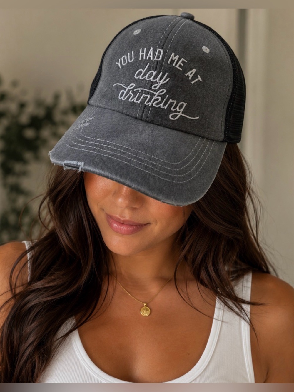Embroidered Trucker Cap "You Had Me at Day Drinking" - Washed Black